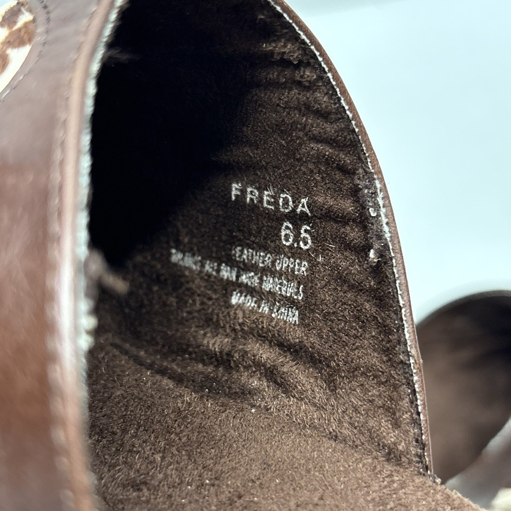 VTG Paris Blues Size 6.5 Brown White Cow Daisy Print Freda Wooden Platform Clogs - Picture 9 of 11